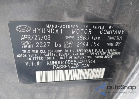 2008 Hyundai Elantra Gls/Se z USA, uszkodzony, nr VIN KMHDU46D58U491544